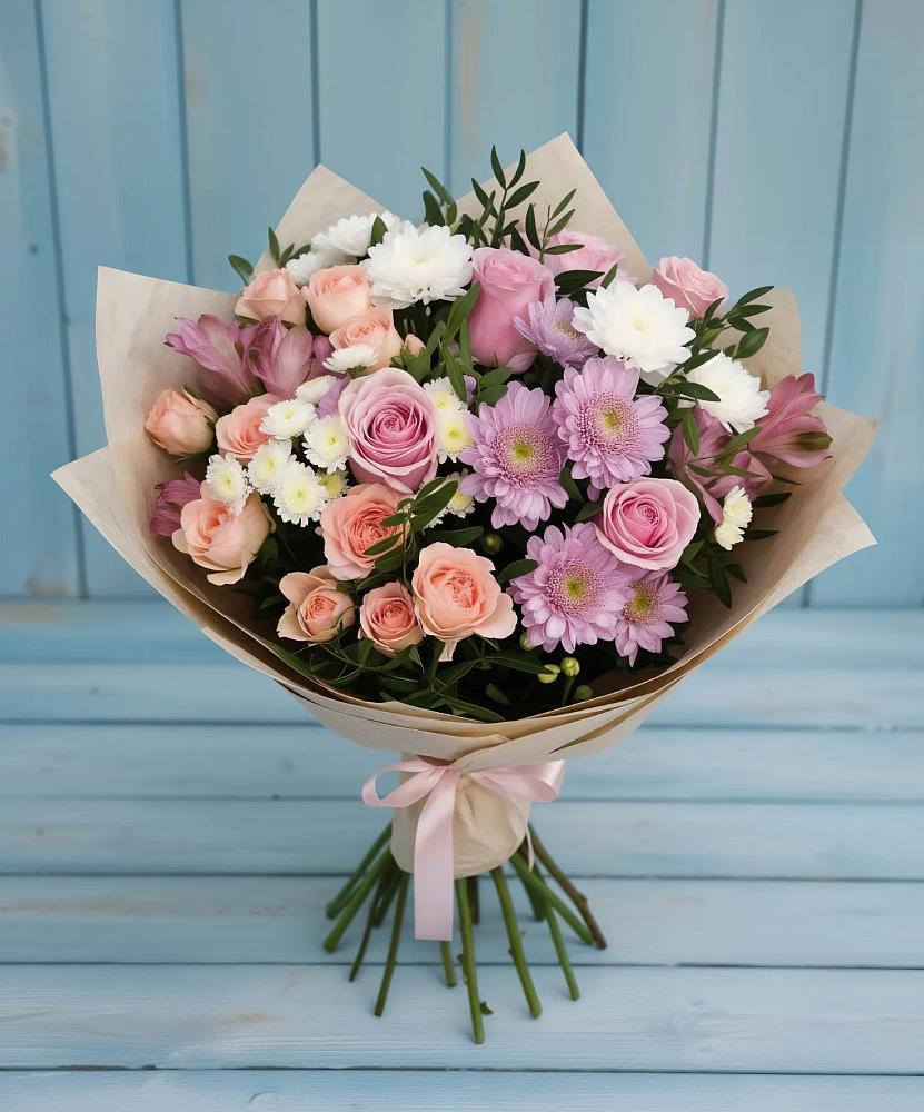 Букет цветов из: Хризантемы, Розы и Альстромерии в Усть-Карске
