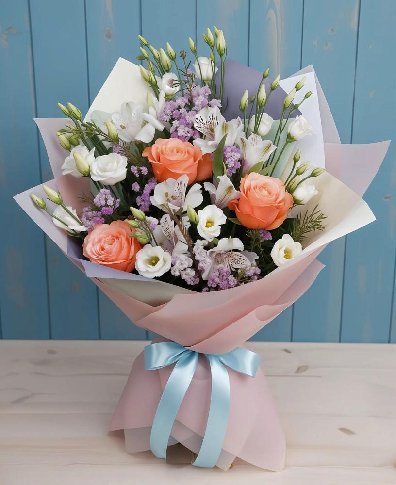 Букет цветов из: Лизиантусы, Розы, Альстромерии и Гипсофила в Усть-Карске