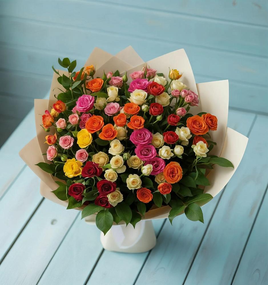 Букет Микс из разноцветных кустовых роз в Усть-Карске